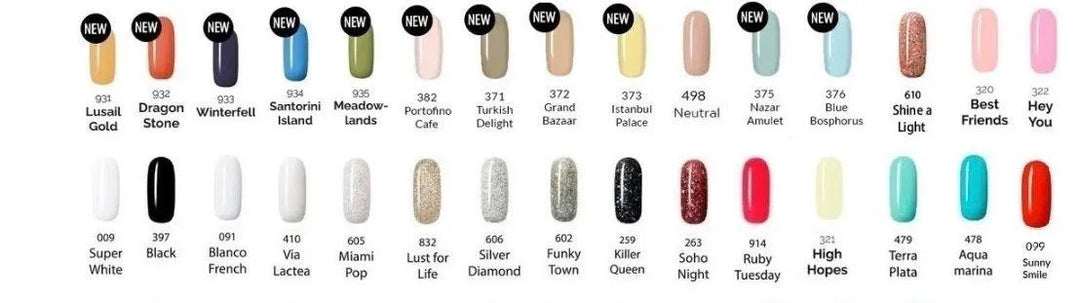 Gama de esmaltes semipermanentes Meline Crystal Nails con colores vibrantes y nombres variados