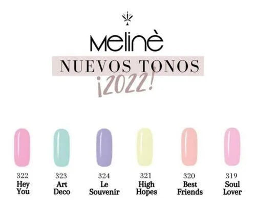 Tonos nuevos esmaltes semipermanentes Meline 2022, colores pastel como rosa, verde menta, lila, amarillo y durazno