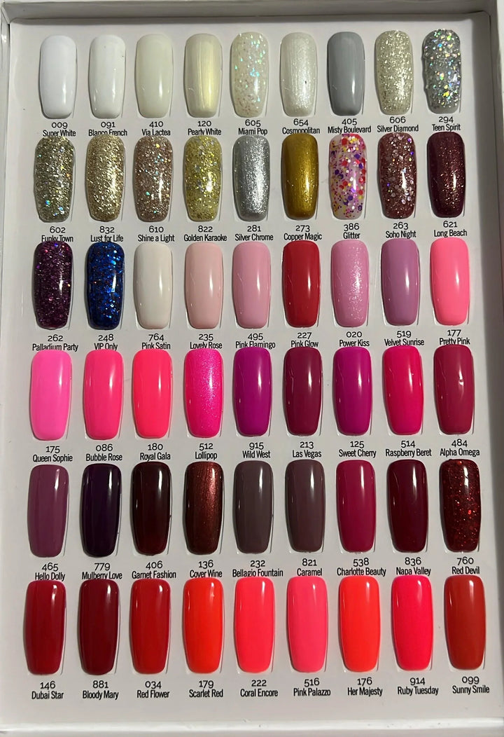 Muestra de 40 colores de esmaltes semipermanentes Crystal Nails con tonos blancos, dorados, rosas, rojos y glitter