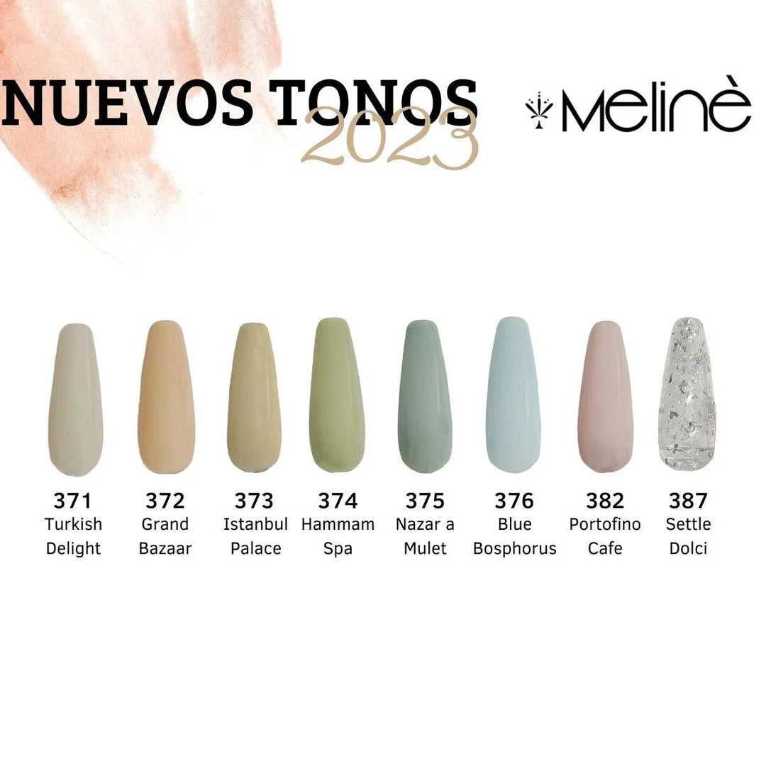 Tonos nuevos 2023 esmaltes semipermanentes Meline Crystal Nails, colores pastel y glitter.