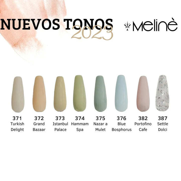 Tonos nuevos 2023 esmaltes semipermanentes Meline Crystal Nails, colores pastel y glitter.