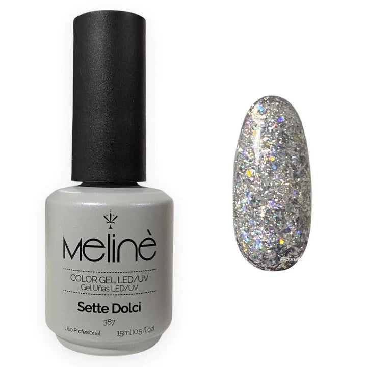 Esmalte semipermanente Meline color gel Sette Dolci 387 con muestra de uñas con brillo holográfico plateado